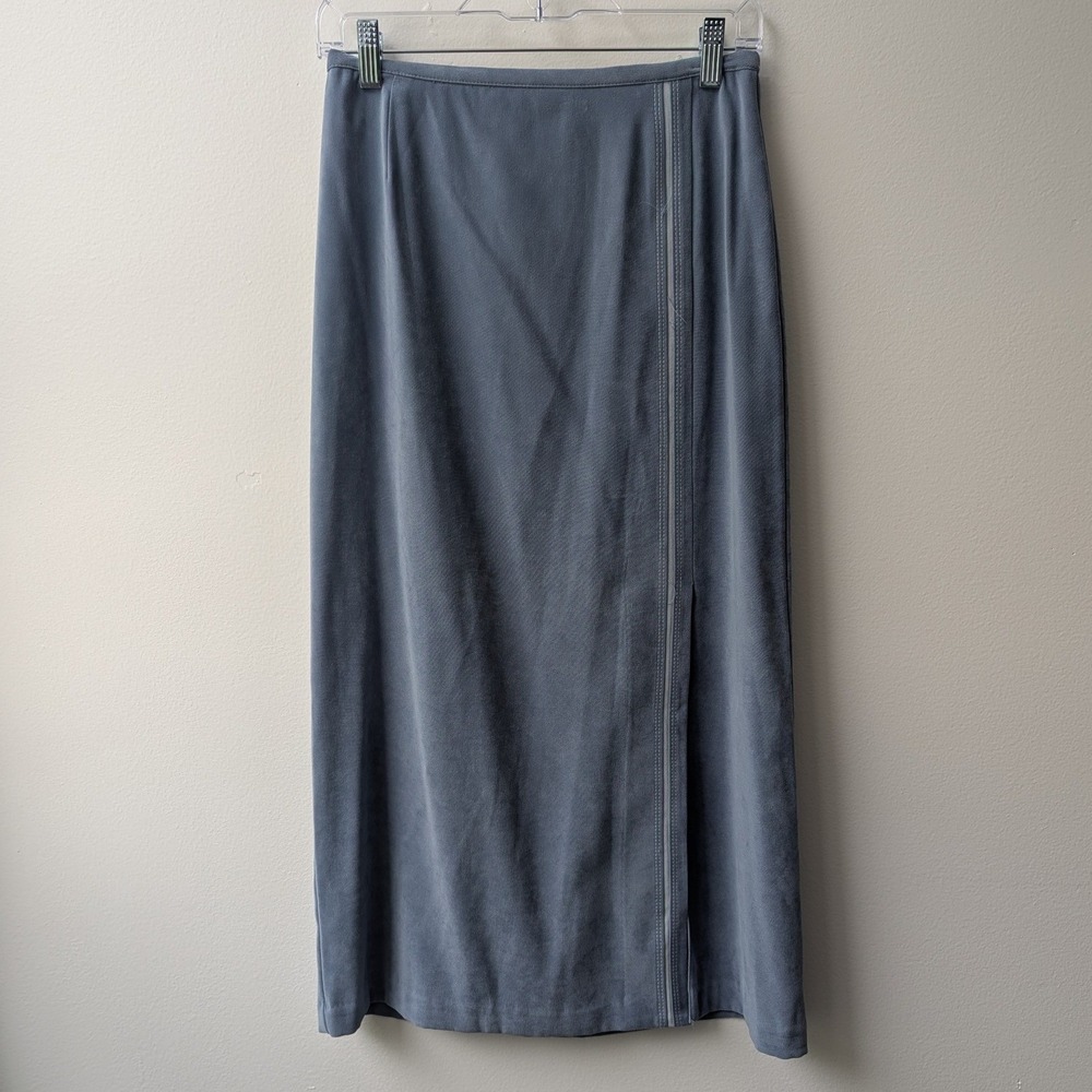 Vtg Maxi Skirt Dusty Blue Faux Suede Contrast Piping Side Slit Sz 4P Minimalist